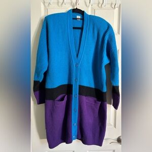 Vintage 80s or 90s Blue Black Women's Lambswool Natural Fiber Cardigan Sweater